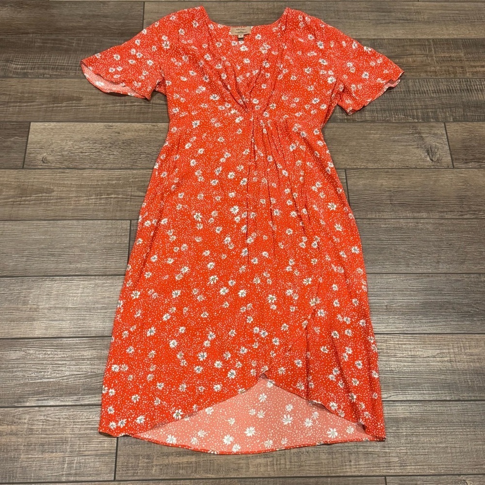 Kachel x Anthropologie Dress 8 Red Floral Retro Short Sleeve Faux Wrap Midi